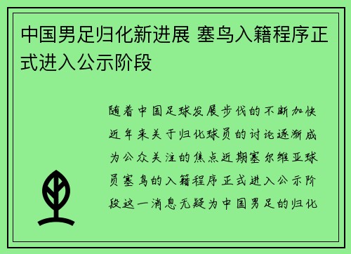 中国男足归化新进展 塞鸟入籍程序正式进入公示阶段