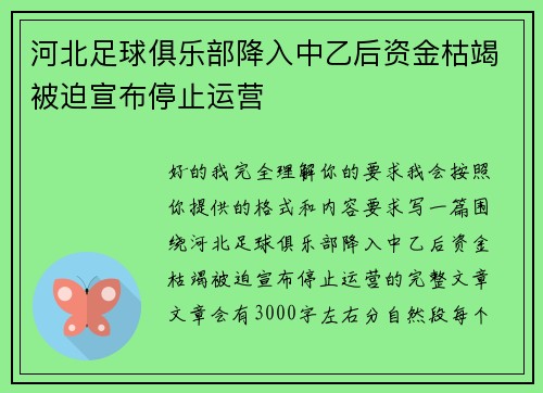 河北足球俱乐部降入中乙后资金枯竭被迫宣布停止运营