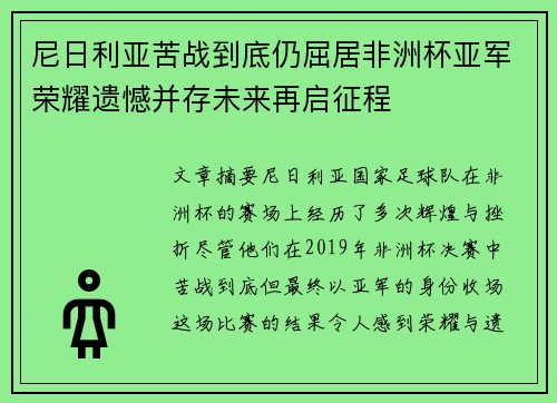 尼日利亚苦战到底仍屈居非洲杯亚军荣耀遗憾并存未来再启征程